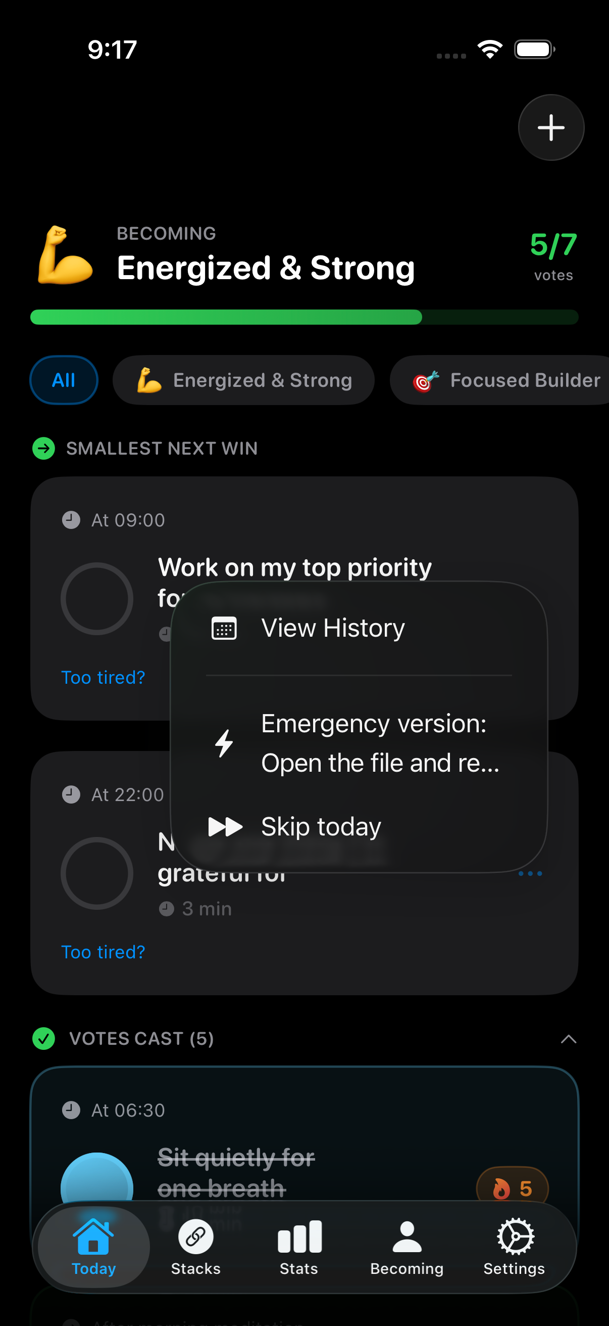 Become habit app – emergency version and tiny habit options
